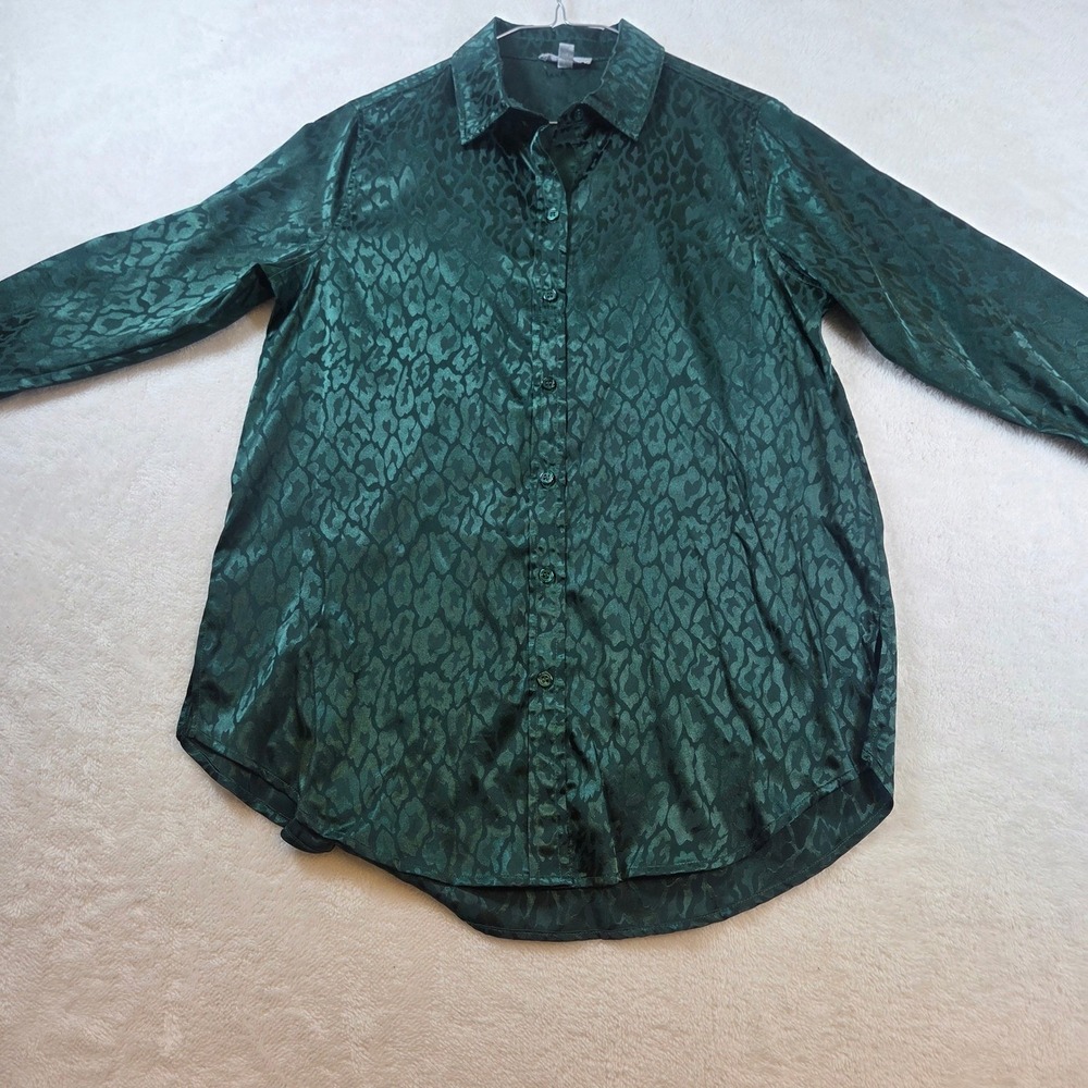 Floral & Ivy Women Emerald Green Leopard Jacquard Satin Button Down Blouse Small